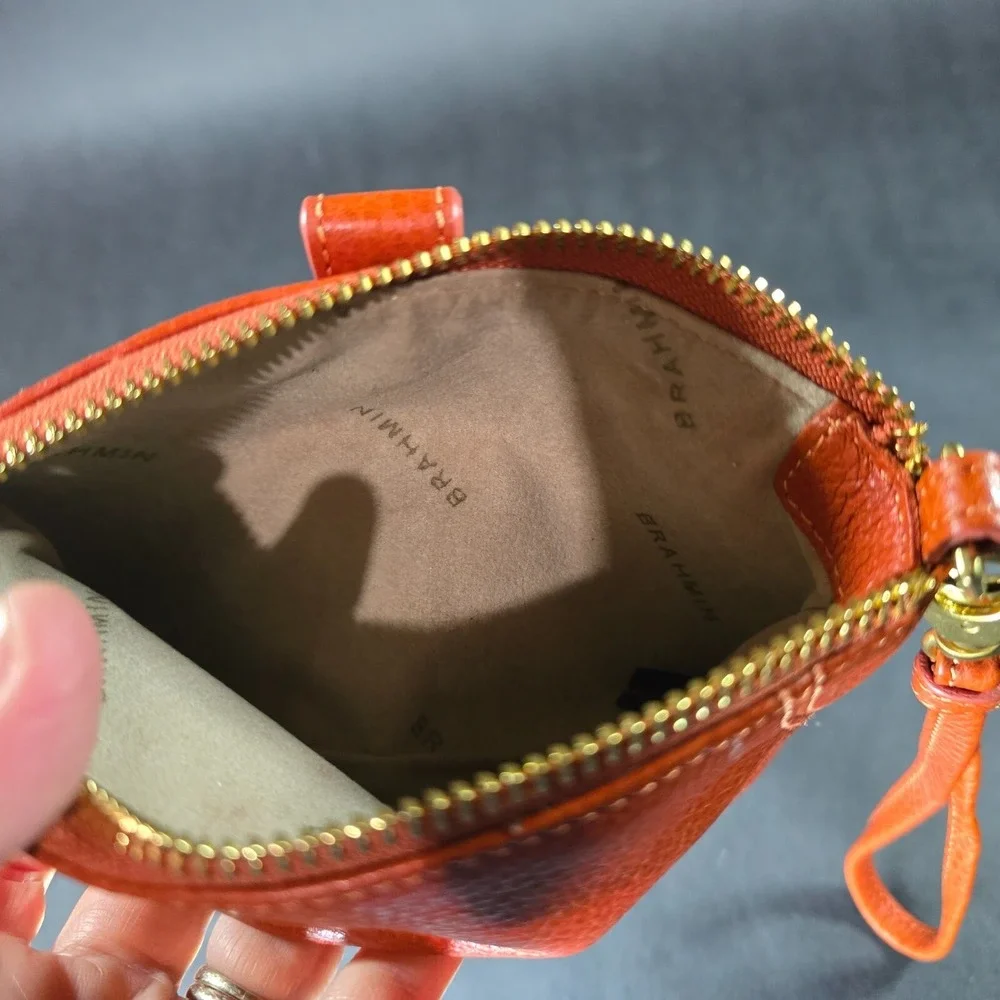 Brahmin Orange Leather Zippered Wristlet Purse Wallet